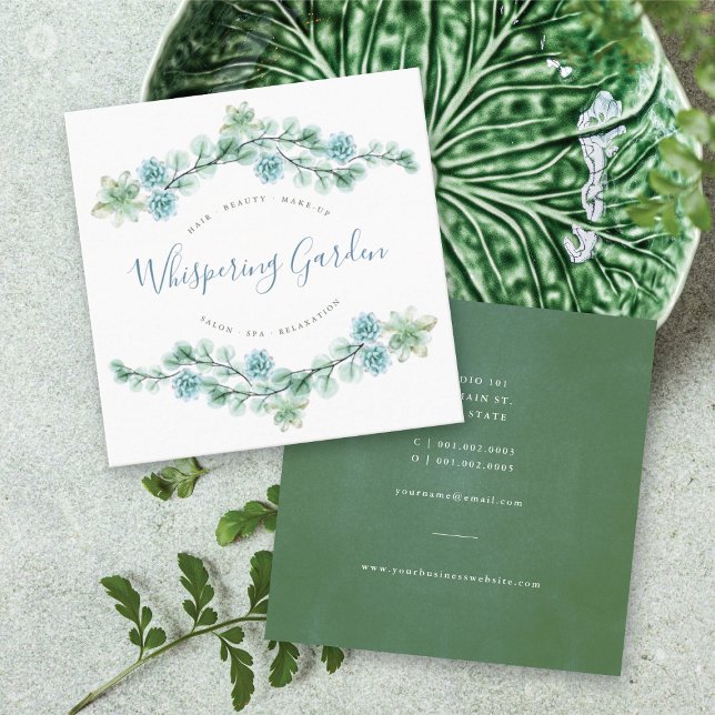 Cartão De Visita Quadrado Jardim Botânico Chic Floral Suculente (Watercolor Succulent Floral Chic Botanical Garden Square Business Card @ fatfatin_blue_knot)