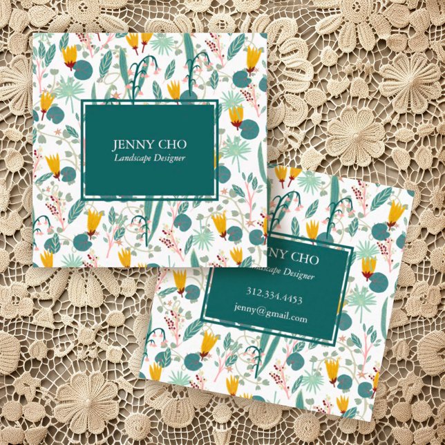 Cartão De Visita Quadrado Jardineiro Paisagista Plantas de jardinagem modern (Sweet handmade botanical pattern on these custom square business cards)