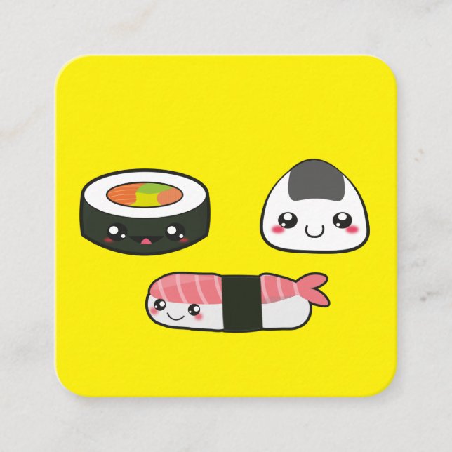 Cartão De Visita Quadrado Kawaii, divertido e engraçado, Sushi mooshie (Frente)