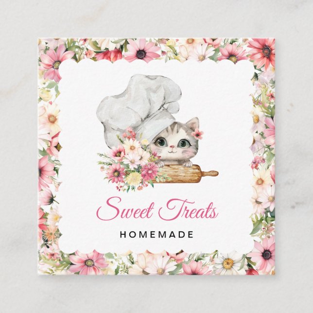 Cartão De Visita Quadrado Kitten Chef Bakery Pink (Frente)