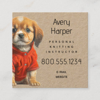 Cartão De Visita Quadrado Knitting Instructor Puppy in Sweater Business Card