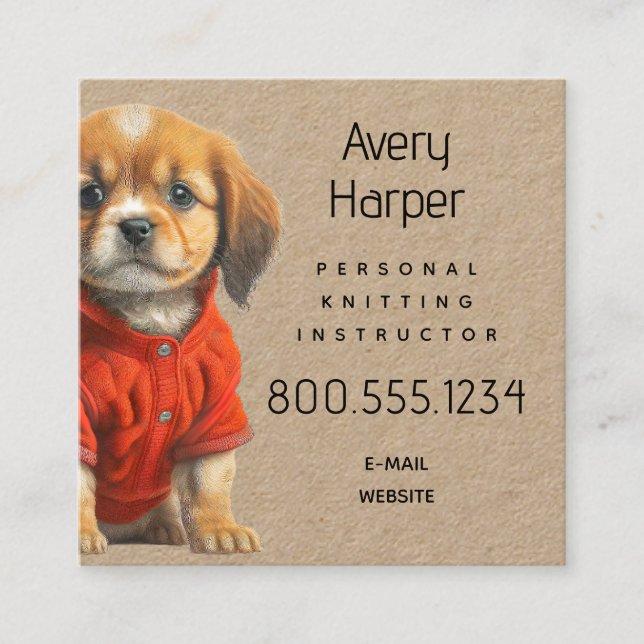Cartão De Visita Quadrado Knitting Instructor Puppy in Sweater Business Card (Frente)