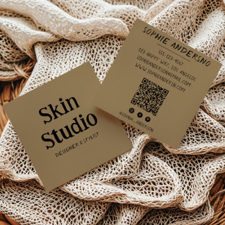 Cartão De Visita Quadrado Kraft Brown Minimalist Skincare Spa Beauty QR Code