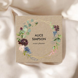 Cartão De Visita Quadrado Kraft Floral Azul e Borgonha