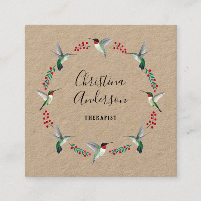 Cartão De Visita Quadrado Kraft Hummingbird Wreath (Frente)