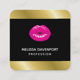 Cartão De Visita Quadrado Lábios brilhantes rosa-quente em preto