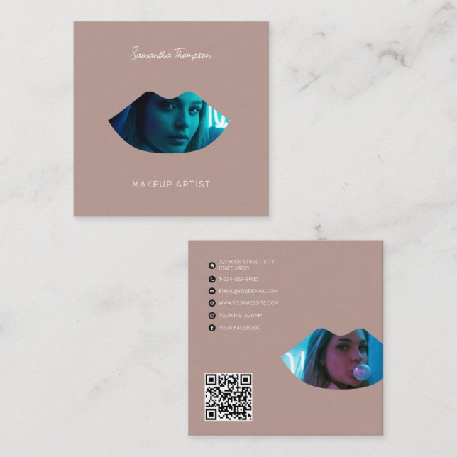 Cartão De Visita Quadrado Lábios de Fotografia do Artista 2 da Maquiagem Pro (Frente/Verso)