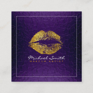 Cartão De Visita Quadrado Lábios Dourados Makeup Artista Moderno Purple Met