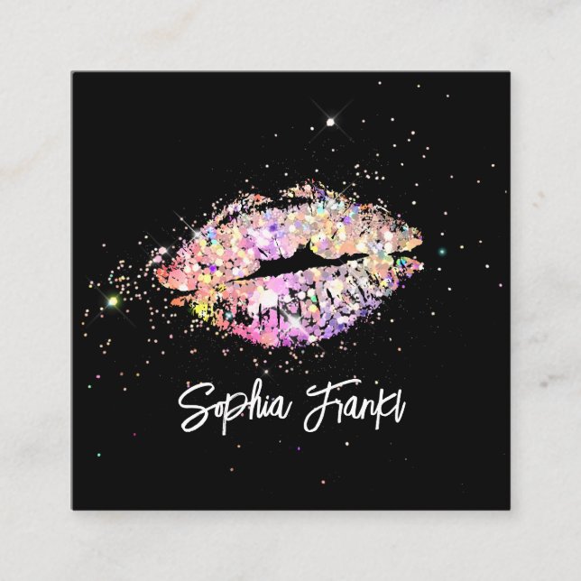 Cartão De Visita Quadrado Lábios Holográficos com Largura de Beleza Preta Ún (Frente)