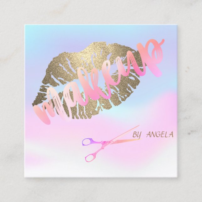 Cartão De Visita Quadrado Lábios Holográficos Elegantes Modernos, Tesouras (Frente)