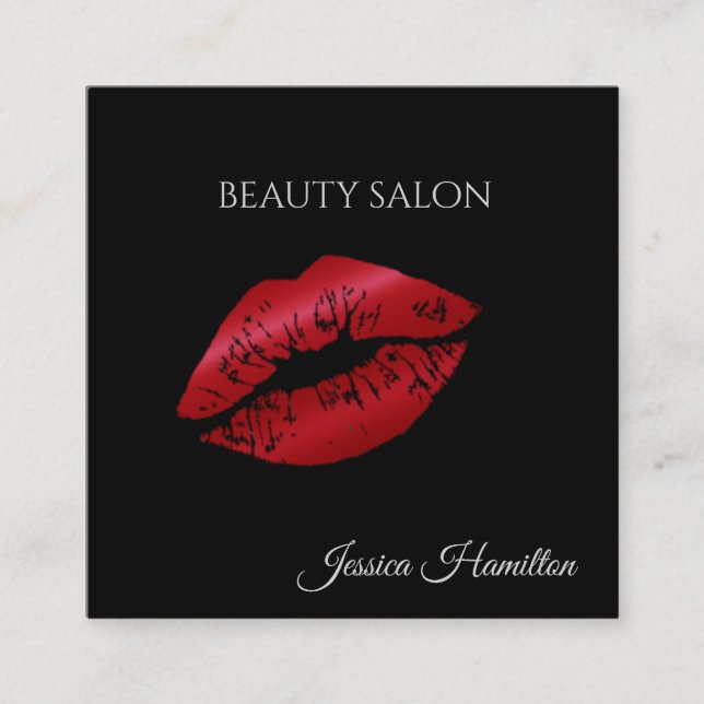 Cartão De Visita Quadrado Lábios vermelhos pretos modernos e elegantes (Frente)