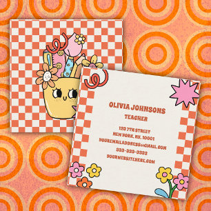 Cartão De Visita Quadrado Lápis Floral Vintage Retro Professora Escola