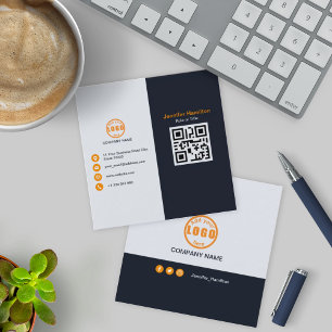 Cartão De Visita Quadrado Laranja preto profissional adicione seu código QR