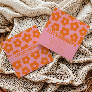 Cartão De Visita Quadrado Laranja Rosa Floral Groovy Boho Retro Fashion