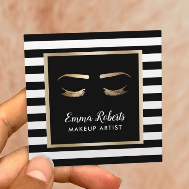 Cartão De Visita Quadrado Lashes & Brows Makeup Artista Modern Black Strips (Criador carregado)