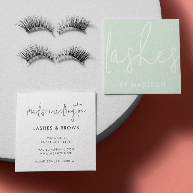 Cartão De Visita Quadrado Lashes de Script Verde Mint Mínimo Moderno (Criador carregado)