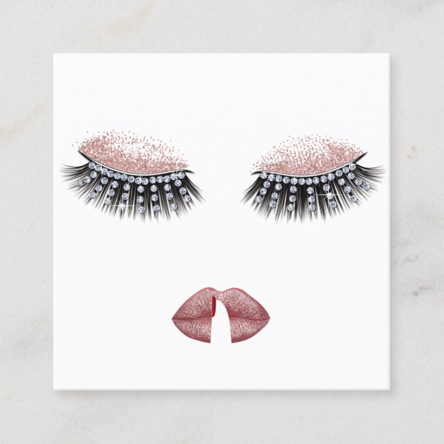 Cartão De Visita Quadrado Lashes & Lábios Makeup Artista Rosa Dourado Beauty (Frente)