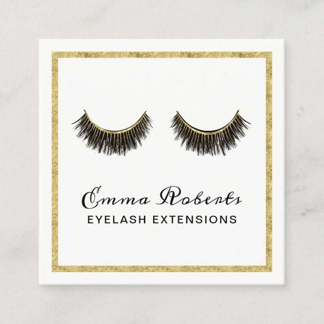 Cartão De Visita Quadrado Lashes Makeup Artista Chic Dourado Eyelash Extensõ (Frente)