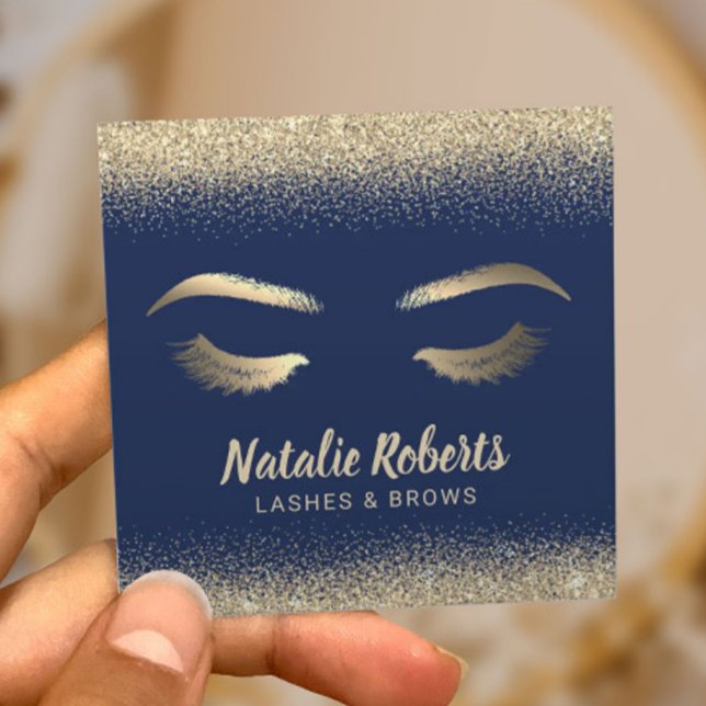 Cartão De Visita Quadrado Lashes Makeup Artista Dourado Confetti Marinho Blu (Criador carregado)