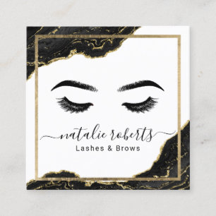 Cartão De Visita Quadrado Lashes Makeup Artista Moderno Dourado Salão