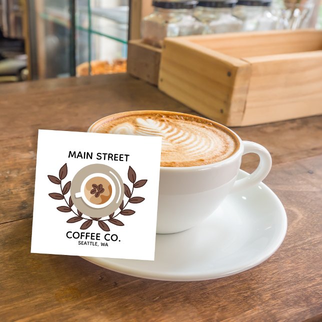 Cartão De Visita Quadrado Laurel and Coffee Cup Small Business (Criador carregado)