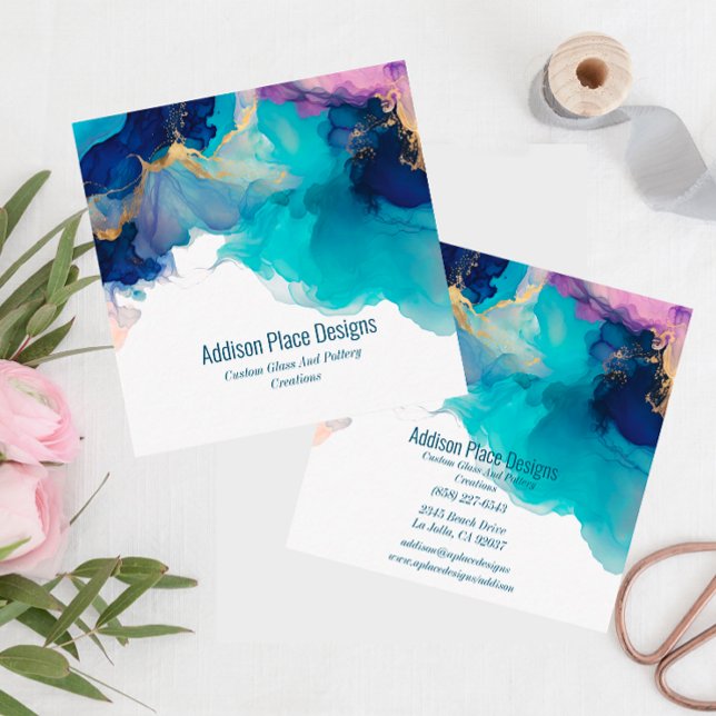 Cartão De Visita Quadrado Lavanda Azul de Tinta abstrato (Criador carregado)