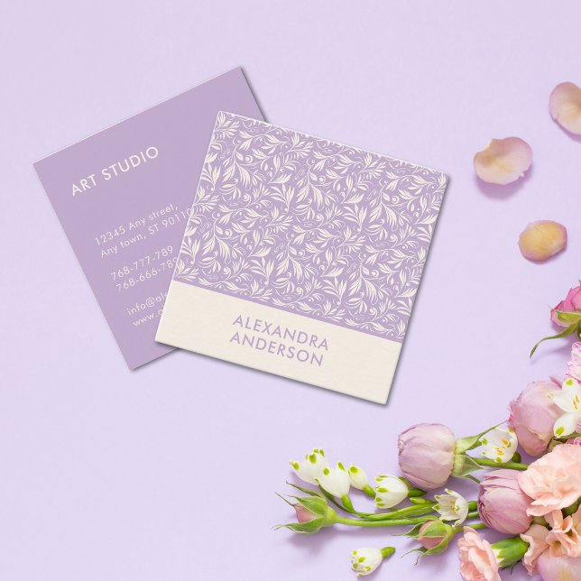 Cartão De Visita Quadrado Lavanda de padrão do Violeta Botânico Moderno deix (Modern Botanical Violet Leaves Pattern Lavender Square Business Card)