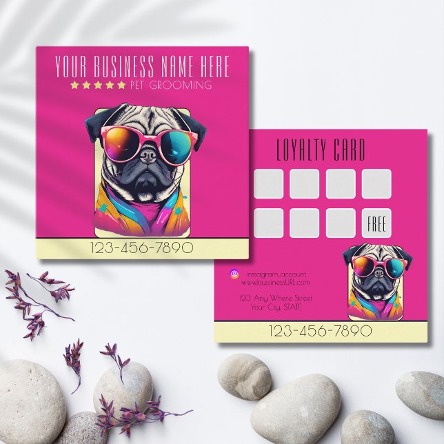 Cartão De Visita Quadrado Legal Cachorro Alinhando a fidelidade do cão na mo (Hot pink colorful cool dog, a loyalty customer card with a lot of attitude. )