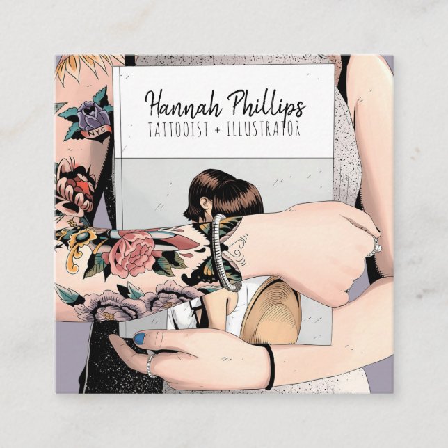 Cartão De Visita Quadrado Legal tatuagem garota ilustrando a moda roxa (Frente)