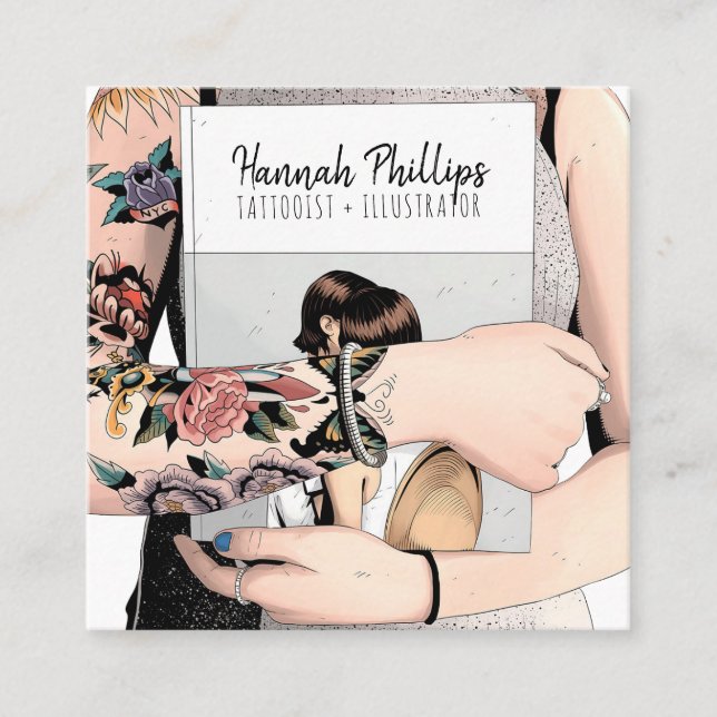 Cartão De Visita Quadrado Legal tatuagem garota ilustrando a trendy script b (Frente)