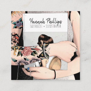 Cartão De Visita Quadrado Legal tatuagem garota ilustrando a trendy script b