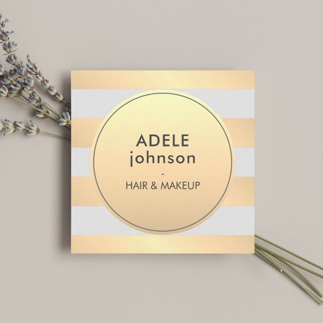 Cartão De Visita Quadrado Legenda Faux Dourada Cinzas Stripes Cabelo Bela Ma (Criador carregado)