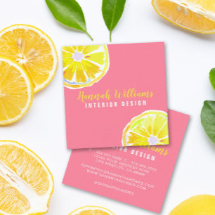 Cartão De Visita Quadrado Lemon Watercolor Pink Modern