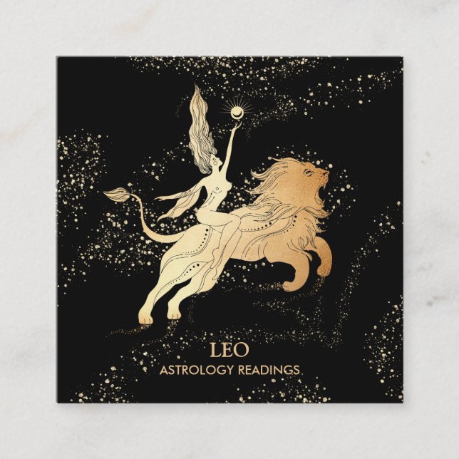Cartão De Visita Quadrado *~* LEO Zodiac Astrologia Lendo Preto Dourado (Frente)