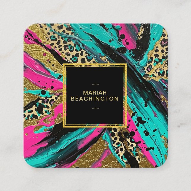 Cartão De Visita Quadrado ** Leopard AP93 Abstrato Animal Neon Dourado Bold (Frente)