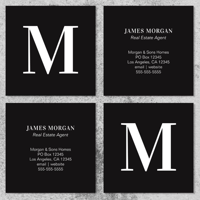 Cartão De Visita Quadrado Letra Solteiro branca e preta Monograma (White and Black Single Letter Monogram Square Business Card)