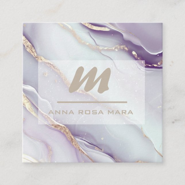 Cartão De Visita Quadrado *~* Lilac QR AP66 Marble Glam Luxe Glitter Inicial (Frente)