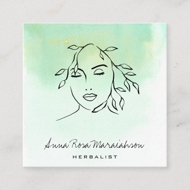 Cartão De Visita Quadrado *~* Linha Botânica Arte QR Mulher Verde  (Frente)