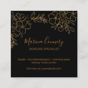 Cartão De Visita Quadrado Linha Floral Chic Desenho Preto e Dourado