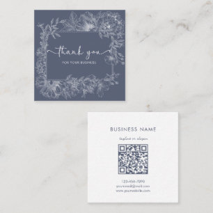 Cartão De Visita Quadrado Linha Floral Elegante Código QR Azul Poeirento Obr