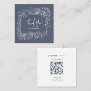 Cartão De Visita Quadrado Linha Floral Simples Código QR Azul Suave Obrigado