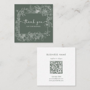 Cartão De Visita Quadrado Linha Floral Simples Código QR Verde Suave Obrigad