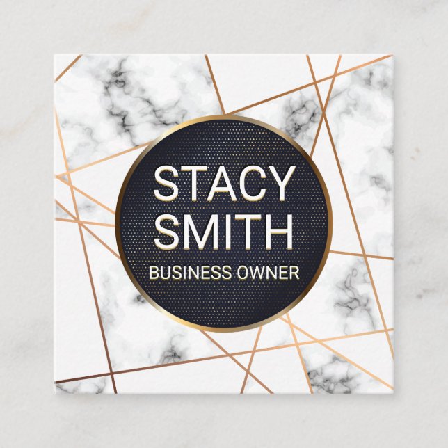 Cartão De Visita Quadrado Linhas abstrato | Marble | Dourada faixa com manch (Frente)