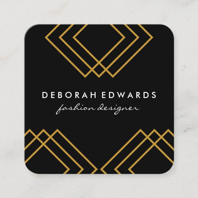 Cartão De Visita Quadrado Linhas Geométricas Douradas Simples Pretas (Frente)