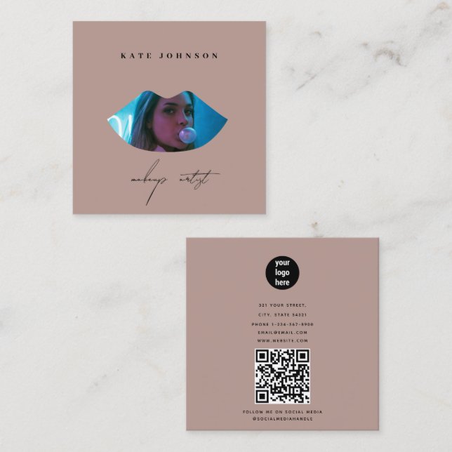 Cartão De Visita Quadrado Lip do Artista Fotografo de Empresa Rosa-Blush Mak (Frente/Verso)