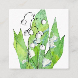 Cartão De Visita Quadrado Lírio-do-vale Flor Aquarela Verde