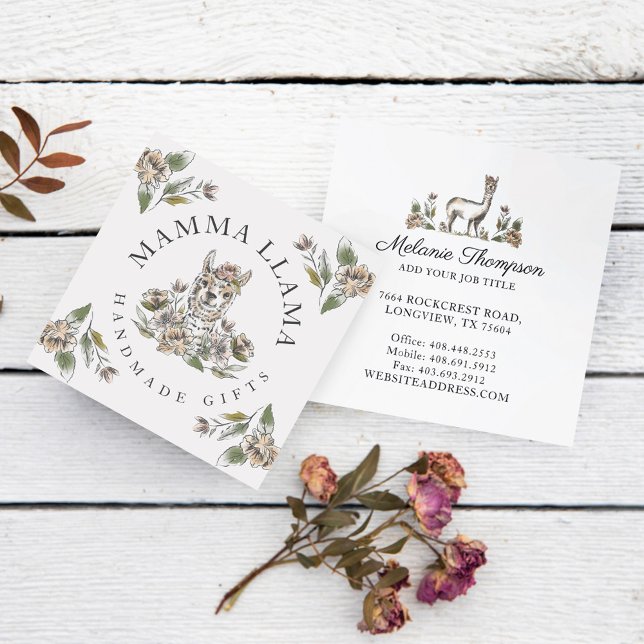 Cartão De Visita Quadrado Llama Acrivável, Bonito, Aquarela, Sketch Floral (Cute Adorable Llama Watercolor Sketch Floral Square Business Card)