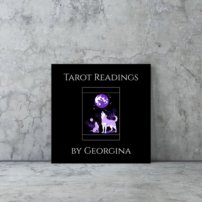 Cartão De Visita Quadrado Lobo Roxo e Lua Tarot Lê Testemunha Mística (Criador carregado)