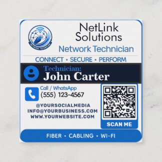 Cartão De Visita Quadrado logotipo Código Qr Técnico de Rede | Fibra e Wi-Fi
