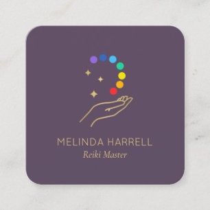 Cartão De Visita Quadrado Logotipo cura Reiki da mão, massagem, roxo do